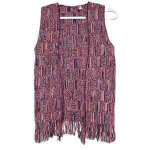 Vintage 80s Boho Woven Fringe Vest Patchwork Knit Open Front WPL7666 Merremont S